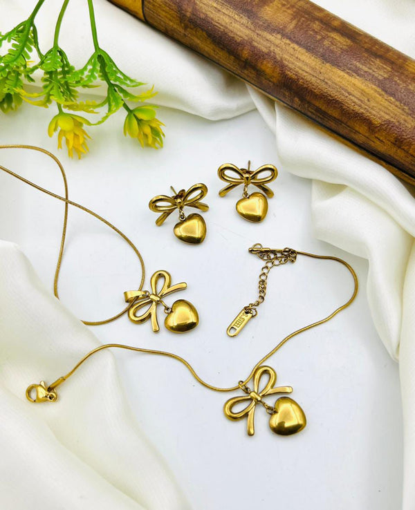 Bow & Heart Style Stainless Steel Jewelry Set – Anti Tarnish 3 Piece Full Combo for Women | Elegant Gift Set